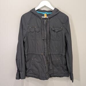 Lucy Anorak Jacket Charcoal Gray Military Safari Travel Hiking Hood - Size M